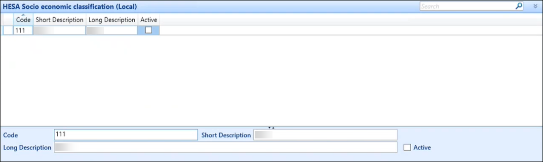 HESA Socio economic classification (Local) reference data screen